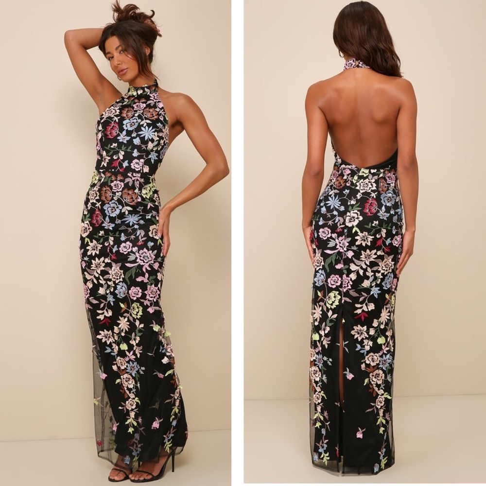 Lulus Infinite Praise Black 3D Floral Embroidered Halter Maxi Dress Size XS NWT